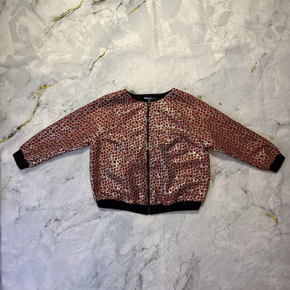 Eva Franco Jacket Womens Size 2X Red Floral Print Full Zip Metallic Sheen
